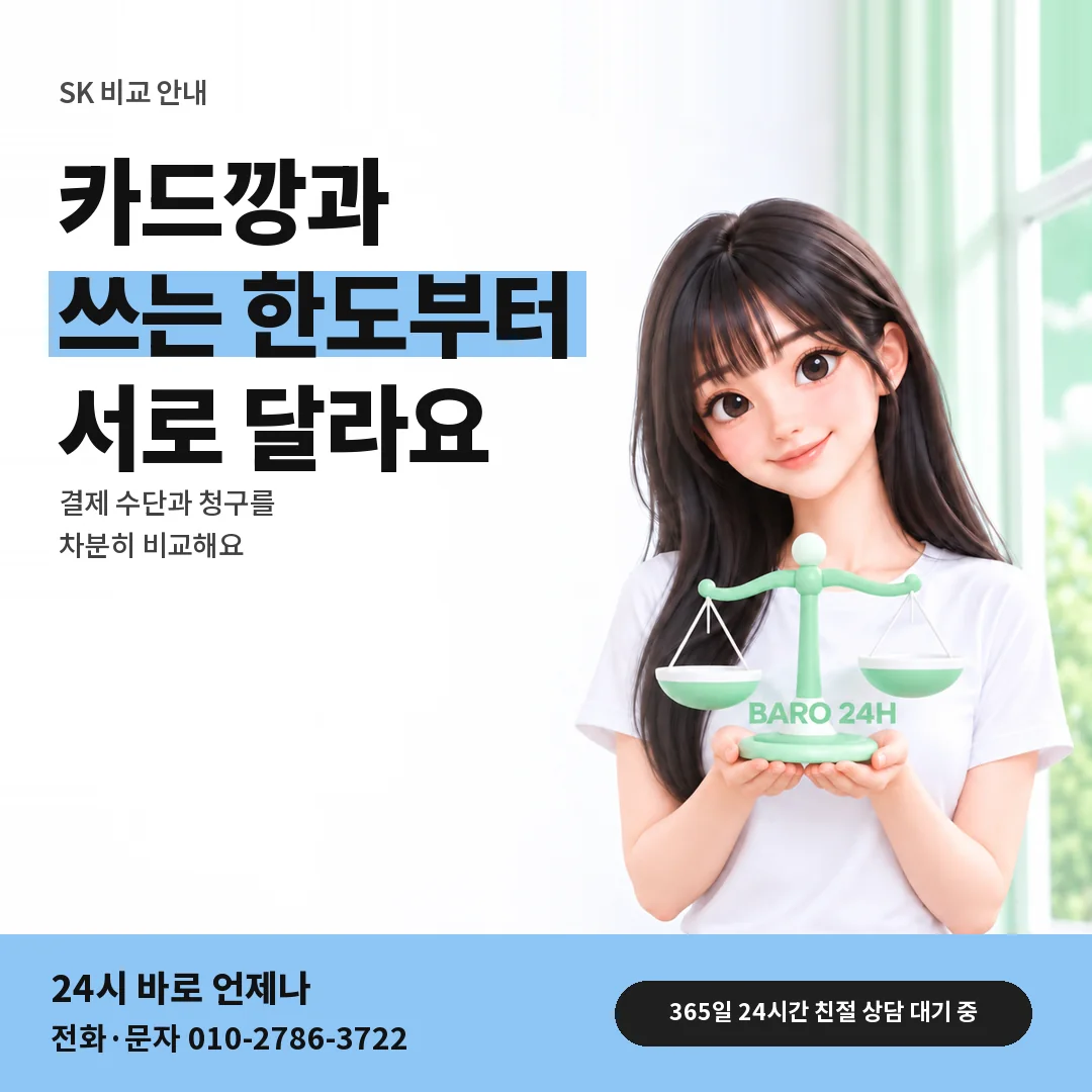 저울을 든 BARO 24H 티셔츠를 입은 3D 인물 옆에 「SK 카드깡과 휴대폰 결제 비교」 제목을 얹은 안내 카드